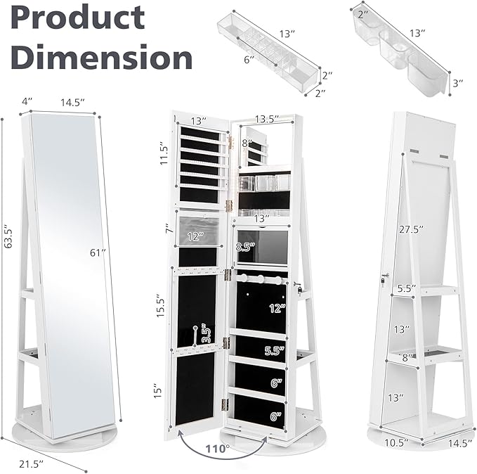 CHARMAID 360° Swivel Jewelry Armoire with Full Length Mirror, Rear Storage Shelves, Lockable Standing Jewelry Cabinet Organizer with Interior Vanity Mirror and 3-Color Lights (White)