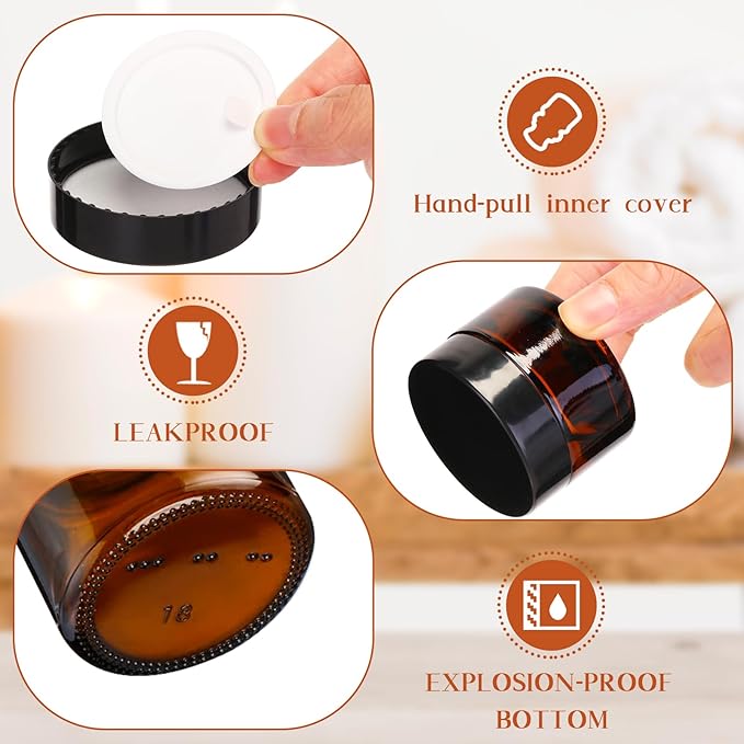 Domensi 60 Pcs 1oz Glass Jars with Lids Bulk Salve Tins Winter Cream Container Small Glass Candle Cosmetic Jars for Travel Lip Balm with Inner Liners for Lotion Sample Cream(Amber, Black Lid)