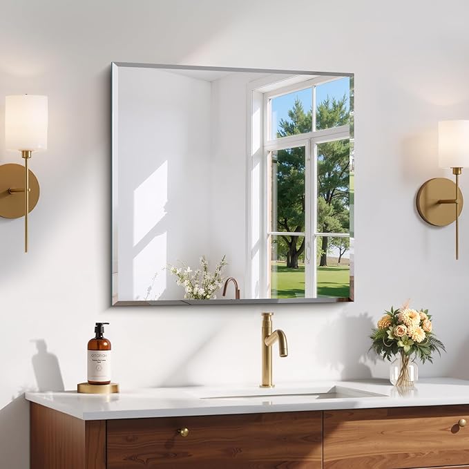 CILIBER Beveled Mirror, 24x24 inch Square Bathroom Mirrors for Wall, Upgraded Shatterproof Frameless Vanity Mirror Over Sink with Beveled Edge for Bathroom,Bedroom,Living Room and Entryway