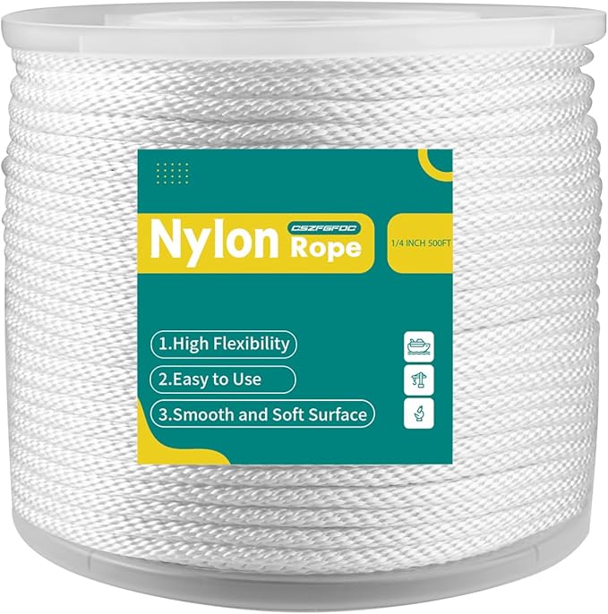 1/4 Inch Nylon Rope 500 Ft Solid Braid High UV and Abrasion Resistance, Multipurpose Tightly Braided Rope, Clothes Line, Flag Line, Marine and Outdoor Twine, Ideal for Indoor and Outdoor Applications