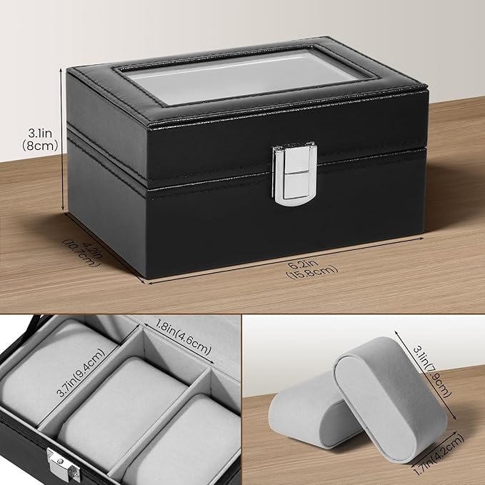 Uten 3-Slot Watch Box, PU Leather Watch Case with Glass Lid, Watch Holder Organizer with Soft Pillow and Velvet Lining, Watch and Jewelry Storage Box