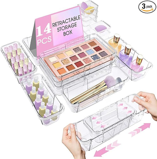 14 Pcs Extendable Clear Drawer Organizer, Adjustable Vanity Storage Box, 3-Size Desk Drawer Organizer, Non-Slip Storage Bins for Cosmetics, Jewelries, Stationeries, Tools, Cutleries, Toiletries