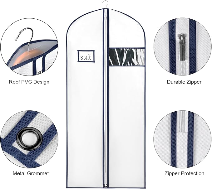 Syeeiex 60'' Garment Bags, Set of 8 Dress Bag for Gown, Garment Bags for Hanging Clothes,Garment Bag for Dresses Long,Dress Garment Bag for Gown,Evening Dresses,Fur Coat,Long Dress(White & Dark Blue)