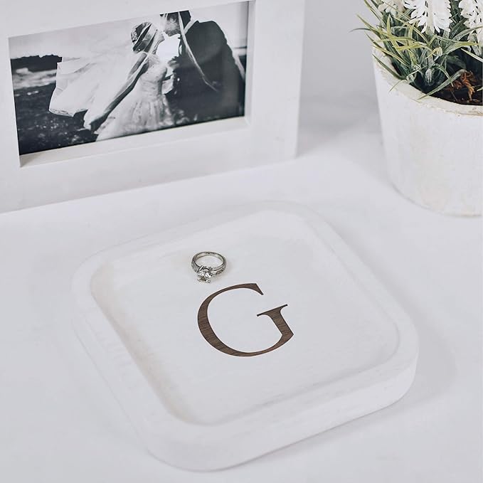 I'm Wooden Personalized Letter Catchall Valet Tray Trinket Dish Jewelry Tray Key Bowl Decorative Plate Organizing Ring Earrings Necklaces Bracelet Watch Coins Wallet Holder (6"x6" Sq White G)