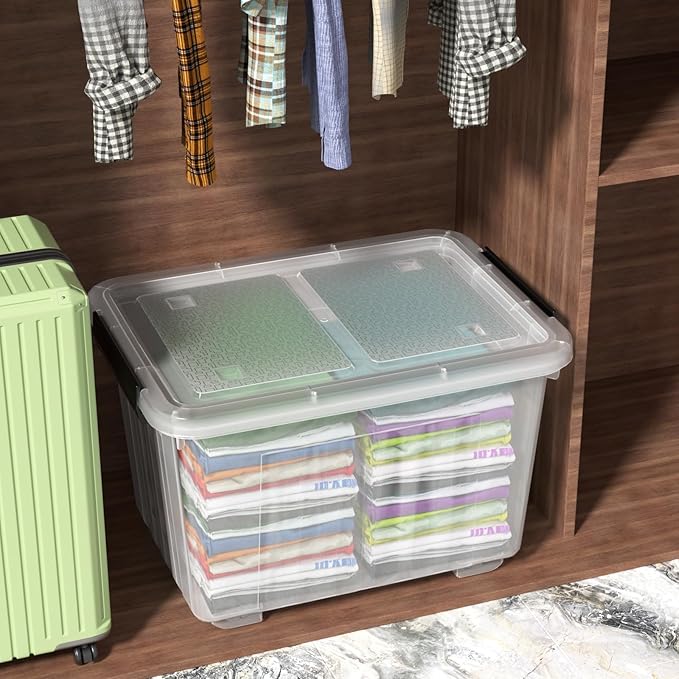 50 Quart Large Plastic Storage Box with Wheels, Latching Box with Lid, Wheeled Storage Bin, 4 Packs