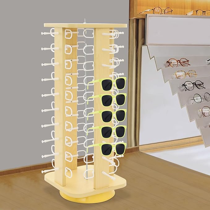 40 Pairs Glasses Rack, 360° Rotating Sunglasses Display Rack, 4-Sided Eyeglasses Storage Organizer, Eyewear Holder, Commercial Sunglasses Display Stand, Log Color