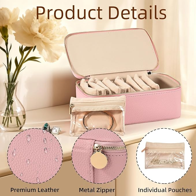 Travel Jewelry Box,Jewelry Travel Organizer for Women Girl,Travel Jewelry Case with 12pcs Velvet Jewelry Pouches for Necklaces Rings Earrings Sorting Storage(Pink, 12)