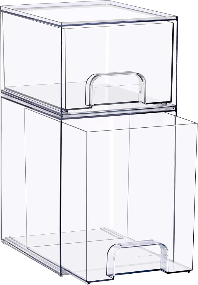 Sorbus Stackable Acrylic Storage Drawers, 2 Pack Clear Plastic Organizer Bins for Baby Bottles, Makeup, Bathroom, Vanity & Countertop Organization, Pull-Out Drawer Design for Cabinets & Pantry