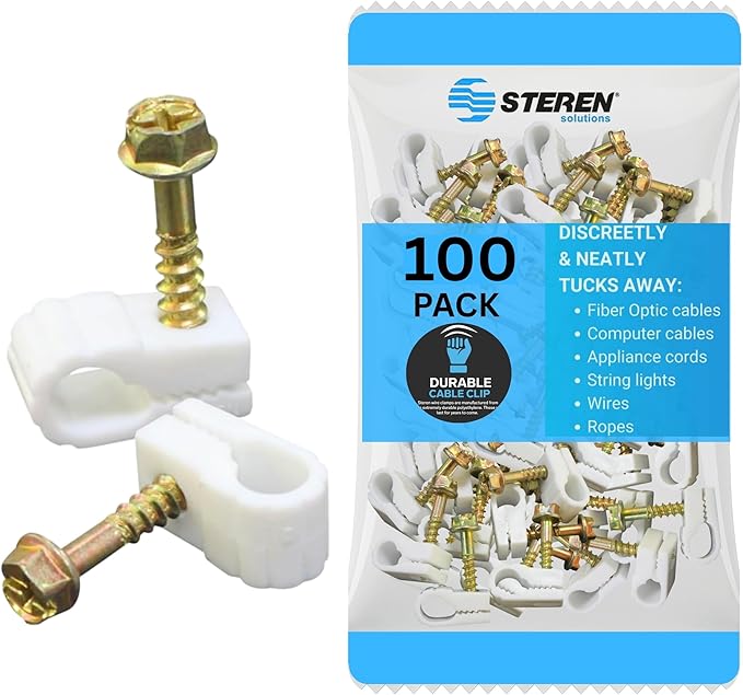 STEREN Coaxial Cable Clips - Cable Holder - Wire Clips - Siding Clips for Hanging - Cord Holder for Desk - Cable Clamps (White, 100 Count - Mini Screw)