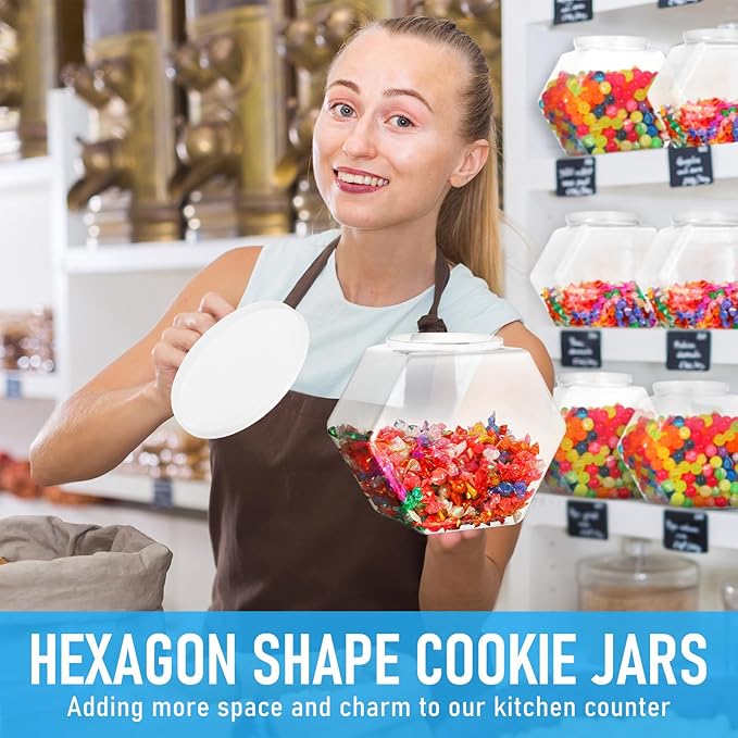 Uiifan 1 Piece Plastic Candy Jar with Lid Cookie Jar Clear Hexagonal Fish Bowls Containers for Snacks, Dog Food, Desk Pet, Craft and Sewing Supplies, Coffee Pod, Laundry Pod Storage Display(210 oz)