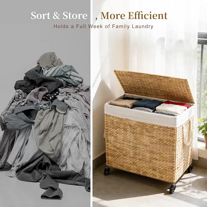 3-Section Laundry Hamper with Lid, Large Capacity Woven Natural Water Hyacinth Laundry Sorter with Removable Liners, Rolling or Non-Slip Design for Bedroom (Natural, 3-Section)