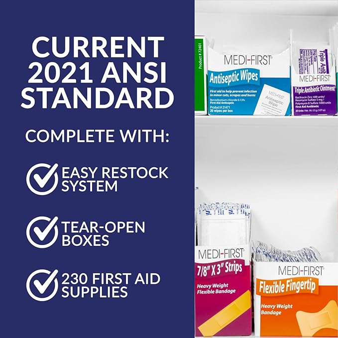 MFASCO 2 Shelf First Aid Cabinet - ANSI/OSHA Class B Type I & II - Medi First Brand Bandages - Carry or Wall Mount - Easy Restock & Refill - - White Enamel Finish - 226 Pcs - 16"x11"x4 7/8"