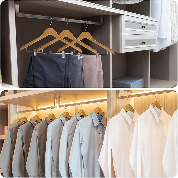 Sieral 30 Pack Wooden Pants Hangers with Clips Solid Wood Skirt Suit Coat Hangers with 2 Adjustable Clips 360 Degree Swivel Hook for Trousers Jeans Slacks Shorts Bottom, 14 Inch(Natural,Classic)