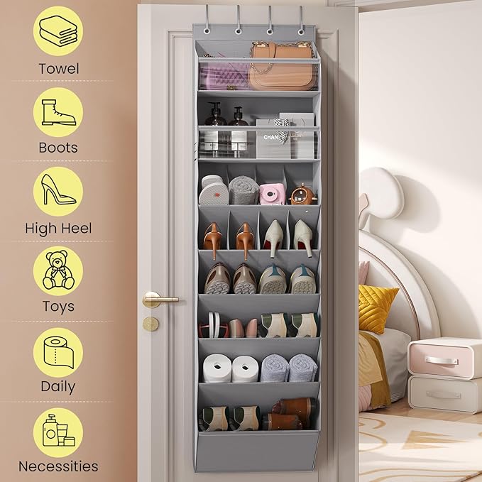 8 Tier Clear Over the Door Shoe Organizer with Deep Pockets, Door Shoes Rack with hard Cardboard and Tubes to Keep the Shape, Hanging Shoe Rack for Closet Organizers, Shoe Holder Grey