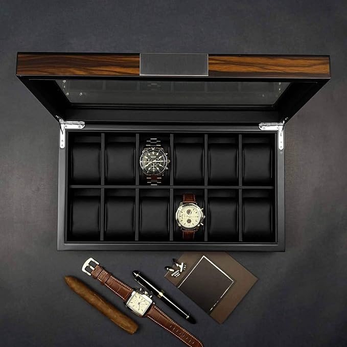 12 Watch Box for Men Watch Display Case Wood Luxury Watch Box with Large Glass Window,Watch Organizer Box with Ultra Smooth PU Leather Interior