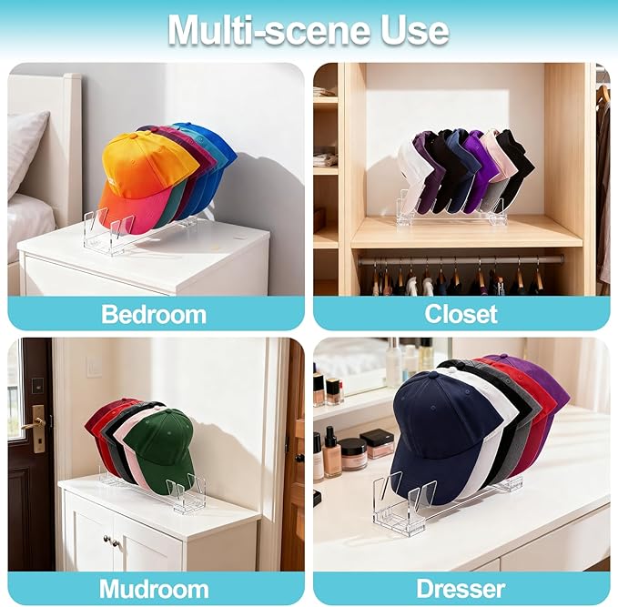 2 Pack Acrylic Hat Organizer for Baseball Caps, Clear Hat Stand for Closet Dresser Bedroom and Shelf - Non-Slip Cap Holder Displays and Holds Up to 14 Tennis or Trucker Hats