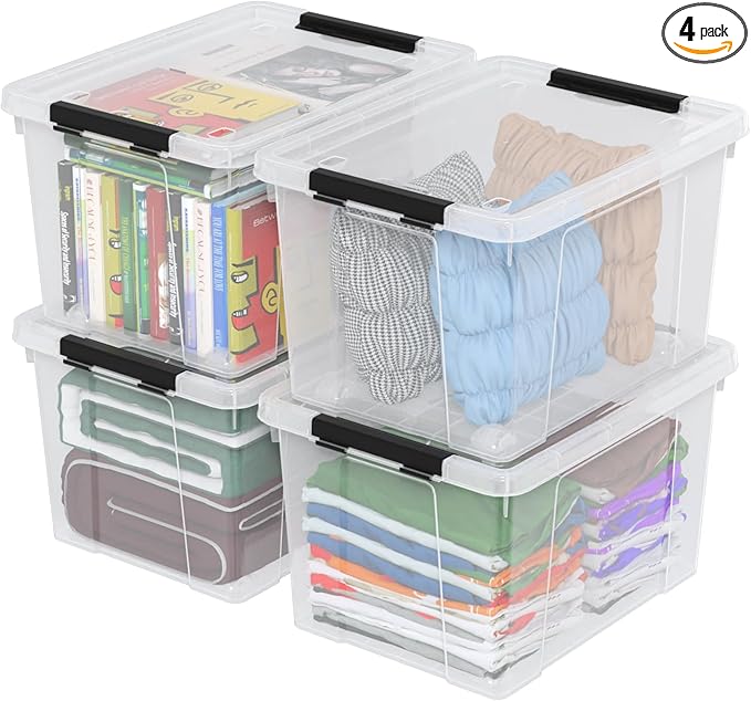 50 Quart Plastic Storage Container with Wheels, Clear Large Storage Bin, 4 Packs