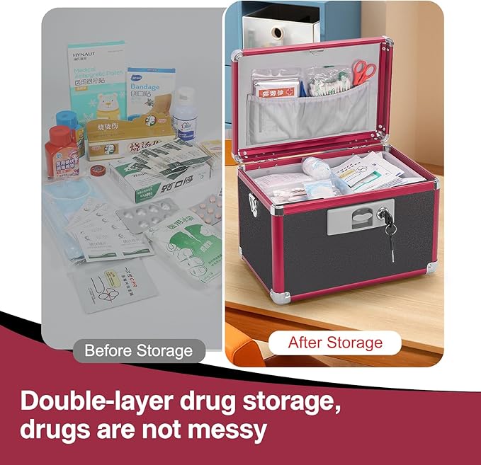 Secure Medicine Lock Box with Key, Childproof Metal Medication Storage Organizer for Home & Travel, Layered Aluminum First Aid Box, Portable & Durable – 11.2" x 7.6" x 7.6" Black & Red