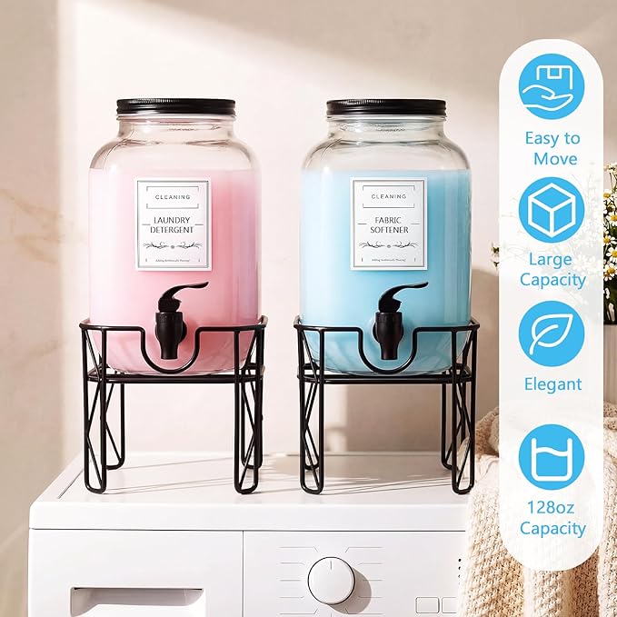 2 Pack 128 oz/ 3.8L Glass Laundry Detergent Dispenser, Liquid Soap Dispenser with Stand, Measuring Cups and Labels, Fabric Softener, Liquid Bleach Container for Laundry Room Organization