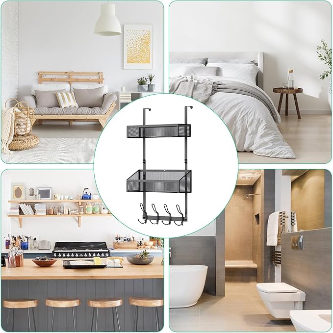 Over The Door Hooks Organizer, Over The Door Shower Caddy, Over The Door Towel Rack Back of Storage with 12 Hooks & 2 Mesh Baskets Door Hanger Organizer for Bathroom,Kitchen,Bedroom(Black)