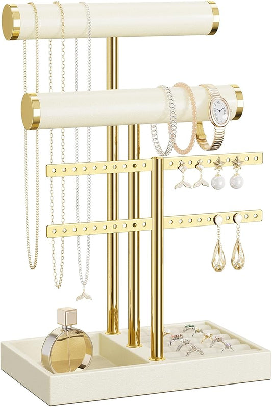 3 Tier Bracelet Holder Display - Beige Leather Bracelet Holder, Detachable T Bar Jewelry Holder Organizer for Bracelet, Necklace, Earrings, Rings, Watches, Bangle