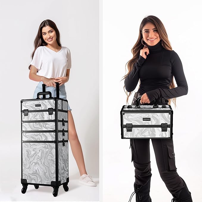BYOOTIQUE Rolling Makeup Train Case on Wheels 3-Piece Hairdressing Brush Bags Cosmetology Organizer Kit Lockable Traveling Cart for Nail Tech Beauty Salon Barbershop,CTB Gray