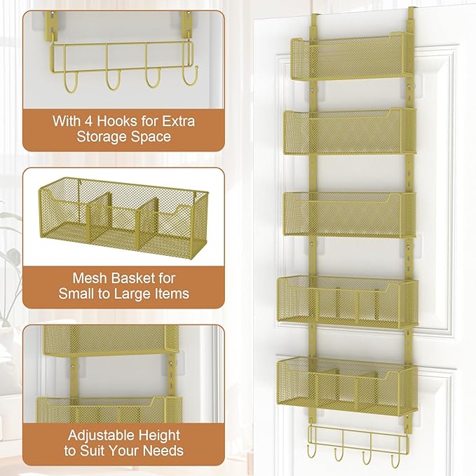 Over The Door Organizer, Metal Door Organizer Hanging with 5 Adjustable Baskets and Coat Hook, Behind The Door Storage for Bedroom Closet Bathroom Pantry Cabinet Kitchen, Gold