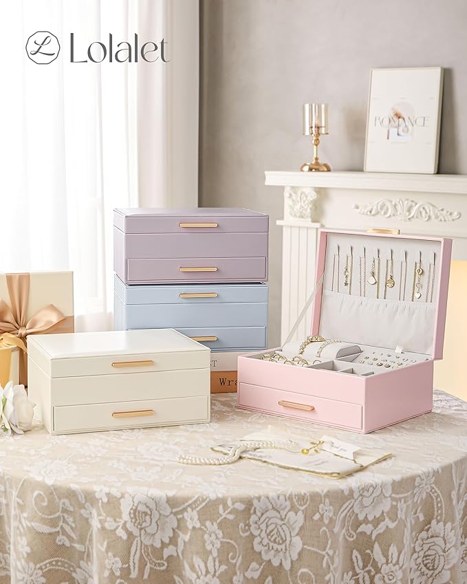 Lolalet 2-Layer Jewelry Box Organizer for Women Girls, Jewelry Storage Case Holder with Drawers for Necklaces Ring Earrings Bracelet Watch, Gifts for Galentines Valentines Girlfriend Wife -Purple