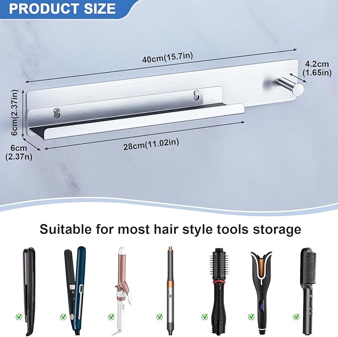 Curling Iron Holder Wall Mount, Flat Iron and Hair Straightener Holder, Stainless Steel Hair Tool Organizer for Hair Dryer Brush and Hots Tool Accessories, Hair Tool Holder for Bathroom, Silver