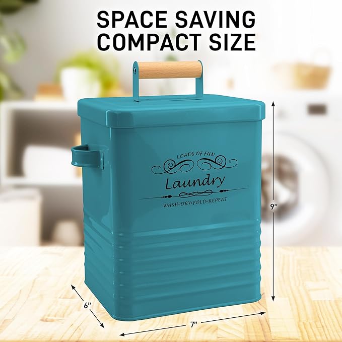 ELITAPRO Detergent Storage Container with Scoop & Lid- Modern Farmhouse Metal Powder Dispenser for Laundry Room Decor and Accessories (Teal)
