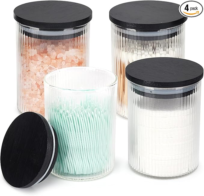 4 Pack Glass Qtip Holder Dispenser Set - Apothecary Jars with Lids for Vanity Makeup Organizer - Bathroom Canister Storage Organizer for Cotton Ball, Swab, Round Pads,Floss