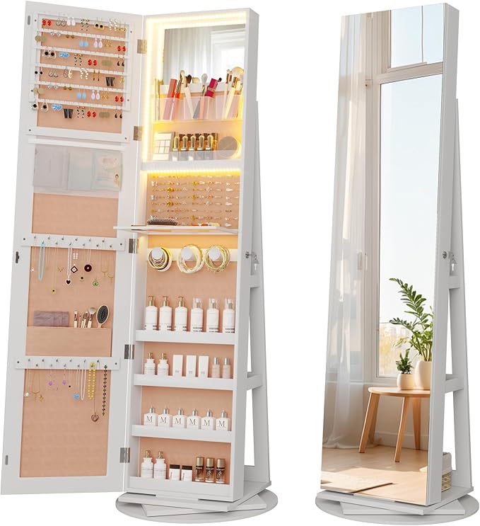 Vlsrka 360° Swivel Mirror Jewelry Cabinet, Large Jewelry Armoire Cabinet Standing, Lockable Full Length Mirror with Storage, 3 LED Lights, Foldable Makeup Shelf, Beige Velvet, White