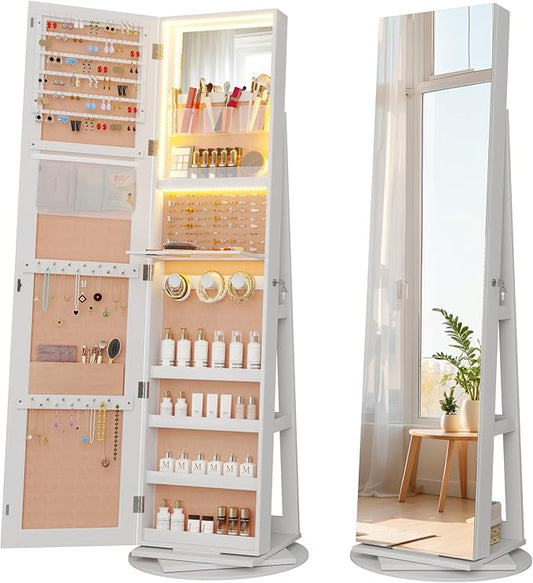 Vlsrka 360° Swivel Mirror Jewelry Cabinet, Large Jewelry Armoire Cabinet Standing, Lockable Full Length Mirror with Storage, 3 LED Lights, Foldable Makeup Shelf, Beige Velvet, White