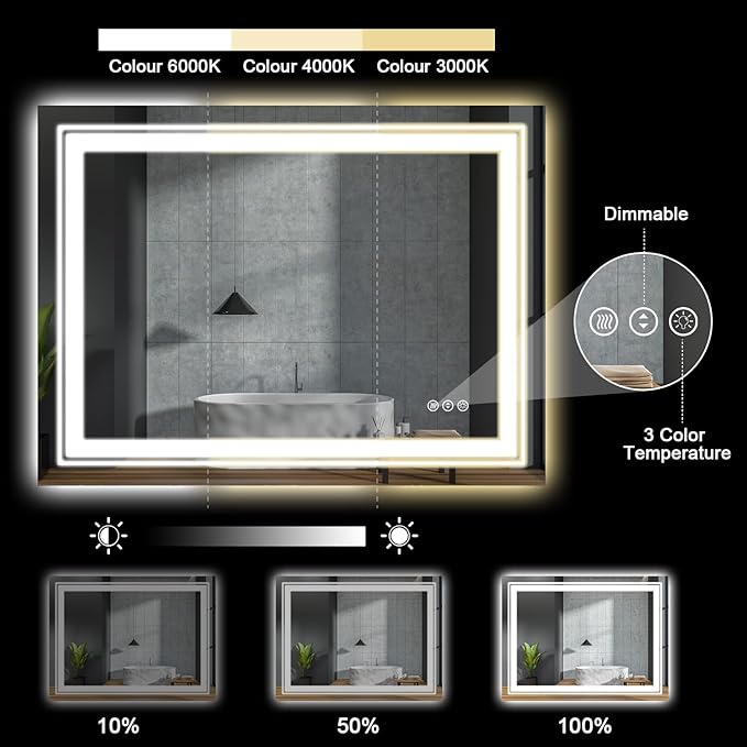 28x60 LED Bathroom Mirror with Front and Backlight, Dimmable Lighted Bathroom Vanity Mirror with Anti-Fog, Memory Function,Tempered Glass(Horizontal/Vertical)