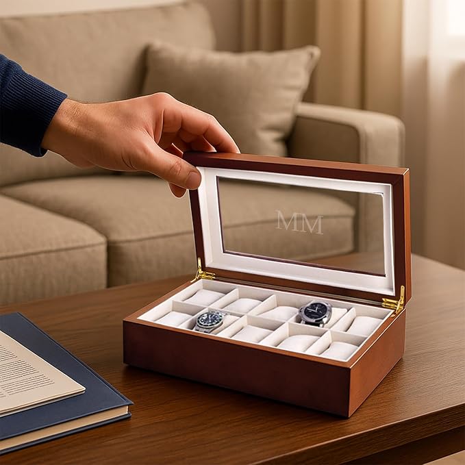 Bey-Berk Modena Personalized Cherry Wood 10-Slot Watch Box, Custom Glass-Top Solid Wood Display Case with Velour-Lined Watch Cushions, 14.75" x 8.5" x 3.5"