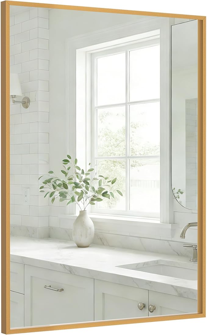 24''x36'' Gold Bathroom Mirror | Antique Brass Deep-Set Recessed Metal Frame | Heavy-Duty Rectangular Wall Mirror | Traditional Mantel & Bedroom Decor