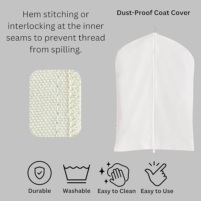 Garment Bag for Hanging Clothes – Organic Cotton Suit & Coat Cover with Zipper | Breathable Closet Organizer for Travel & Storage (X-Large (24"x60"), Off-White)