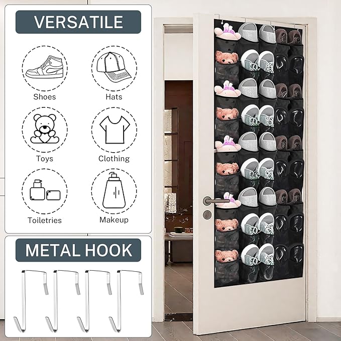 Over the Door Shoe Organizer,40-Pocket Hanging Shoe Rack for Closet Door,Shoes Storage Holder Hanger with Large Mesh Pocket for Women Men Shoes,Flip Flops(Black)