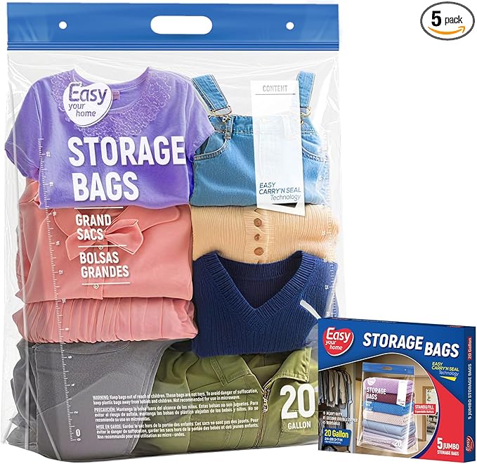 5PCS 20 Gallon Zipper Large Storage Bags with Handle and Bottom, Reusable Jamboo Plastic Duty Bags for Cloth Storage Travel Moving Outdoor Freezer,BPA-Free, 24"x31"+7", 3.15-Mil Thick
