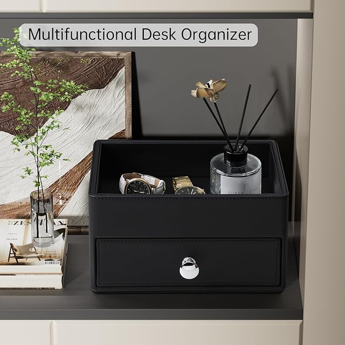 PU Leather Makeup Organizer with Drawer, Waterproof Cosmetic Storage Box, Multifunctional Nightstand Vanity Organizer for Skincare, Perfume, Jewelry, Bathroom Countertop (Black)