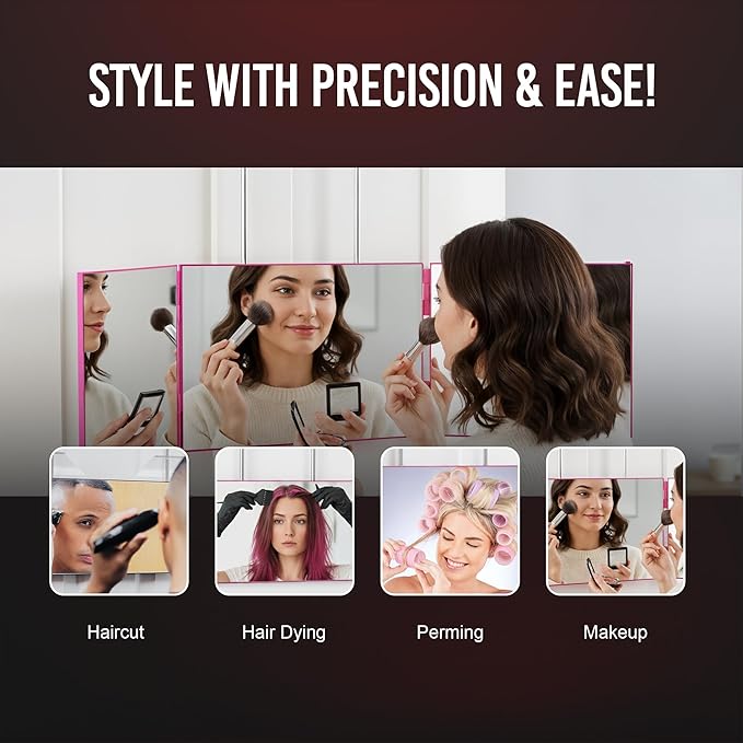 Self-Cut System 3 Way Mirror for Braiding Hair, Styling & Hair Coloring - Tri-Fold Three Way Mirror with Telescoping Hooks - Compact & Travel Size - Over-the-Door Mount for DIY Haircuts, Makeup - Pink