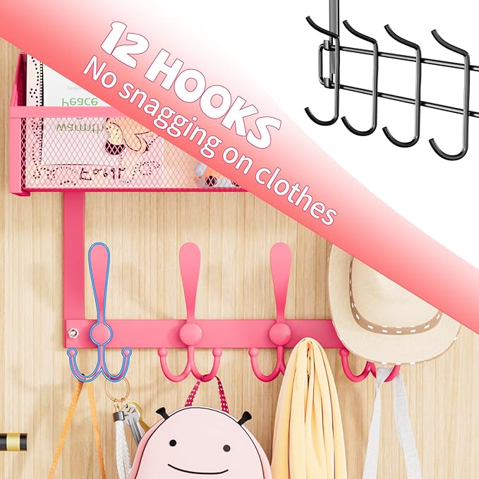 Over The Door Hooks Organizer, Coat Rack Over The Door Storage Hanger Towel Rack, Back of Door Storage Organizer for Bathroom,Bedroom,Kitchen,Office (Pink, 3-Tier)