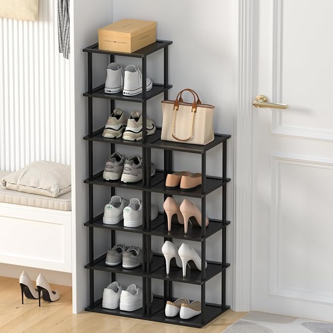 Bamboo Free Standing Shoe Rack Shelf Multi Tier Tall Wooden Stackable Shoes Rack Organizer for Closet Front Door Entrance Narrow Vertical Shoe Storage (Black, 12 Tiers)