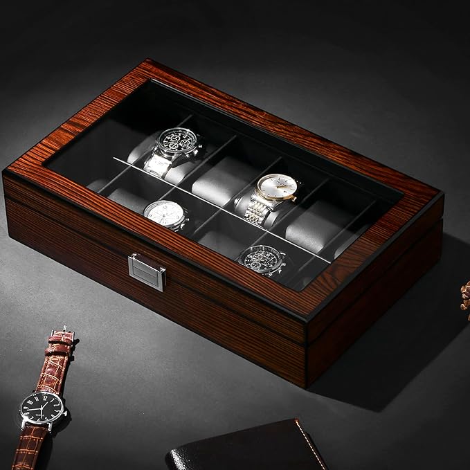 BEWISHOME Watch Case, 12-Slot Watch Box with Large Glass Lid, Wooden Watch Box Organizer for Men, Watch Storage with Removable Watch Pillows, Synthetic Leather Interior, Brown SSH12Y