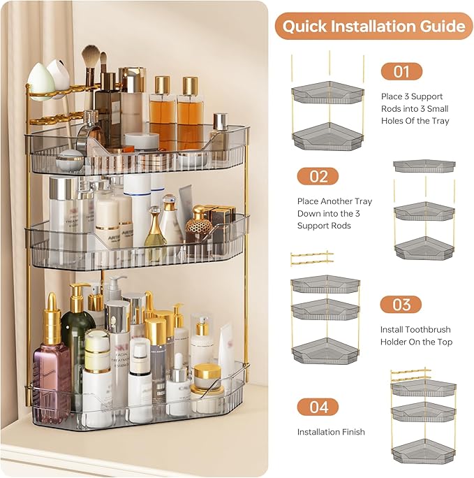 Corner Bathroom Counter Organizer with Makeup Brush Holder & Toothbrush Holders, Makeup Organizer for Vanity Countertop, Acrylic Skincare Storage Shelf (Grey, 3-Tier)