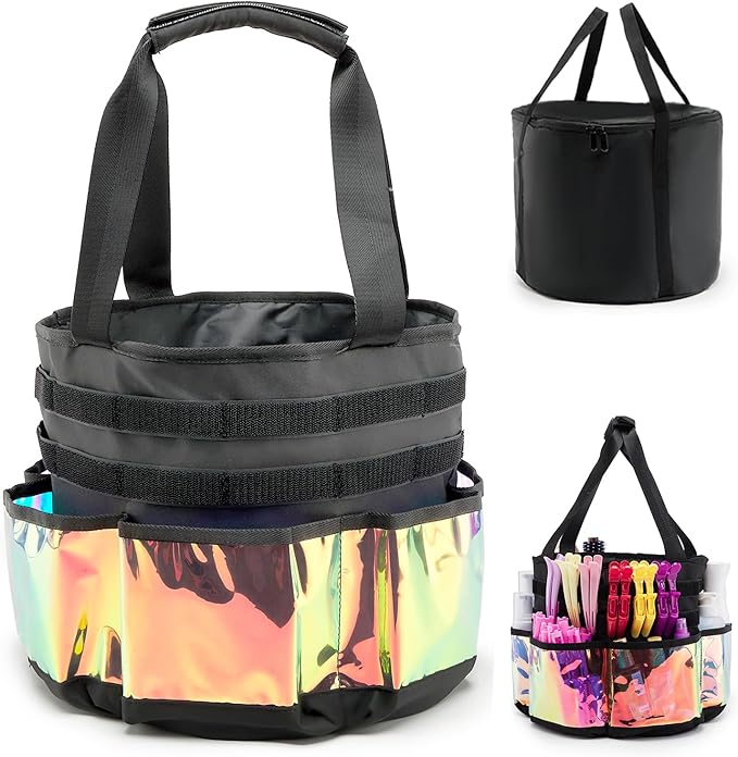 Hairstylist Travel Bag, with Dust Cover, 11L Large Capacity, Heat-Resistant Interior, Iridescent Pockets, DIY Velcro Straps, Top Drawstring, Bathroom Cleaning/Pet Grooming Supplies Organizer