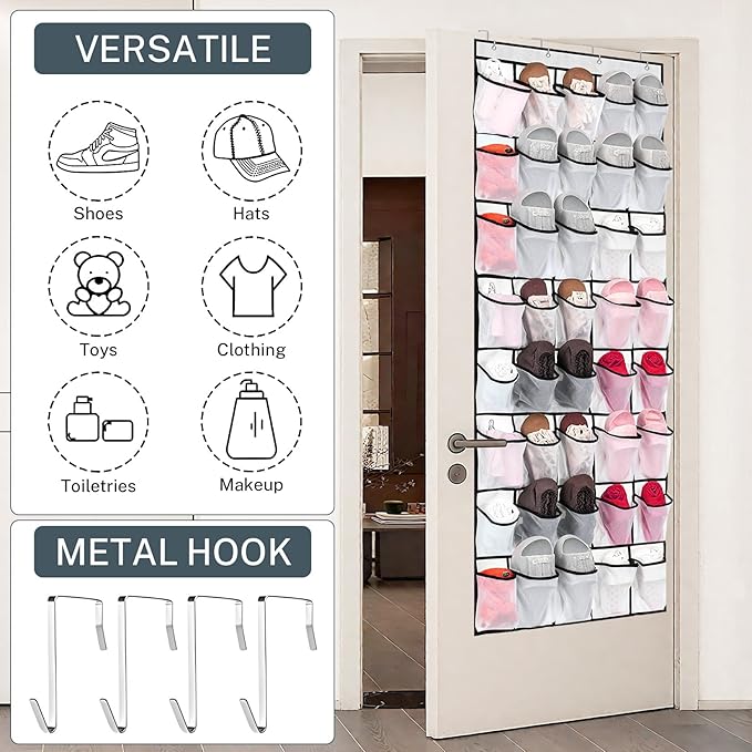 40 Large Mesh Pocket Over the Door Shoe Organizer,Hanging Shoe Rack for Door,Hualleko Shoes Organizer Hanger with Large Capacity, Shoes Storage Holder Sturdy Non-woven Fabric - Stores 20 Pairs (White)