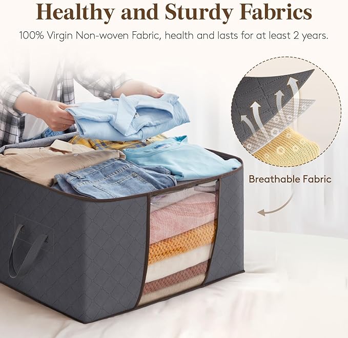 Lifewit 12 Pack 60L Clothes Storage Bins with Lids, Foldable Blanket Storage Bags with Zippers, Clear Window and Reinforced Handles, Closet and Organization for Clothing, Sweater, Comforter, Bedding