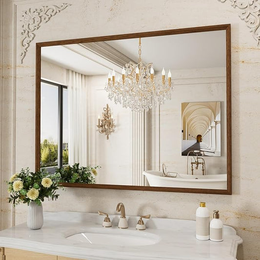 WEER Bathroom Mirror, 48x36 Inch Wall Mirror, Walnut Wood Grain Framed Mirror, Rectangle Vanity Mirror, Tempered Glass, Anti-Rust, Hangs Horizontally or Vertically
