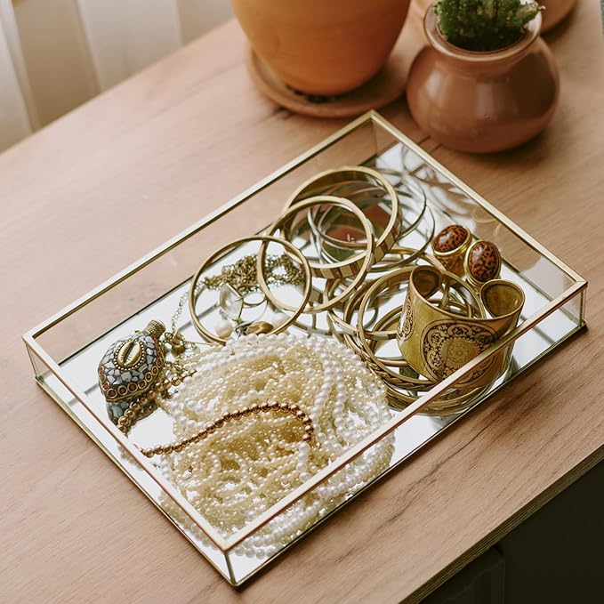 HighFree Rectangle Gold Mirror Tray, Decorative Glass Mirrored Vanity Tray for Perfume, Cosmetics, Makeup, Trinket, Jewelry (11.8x7.9x2)